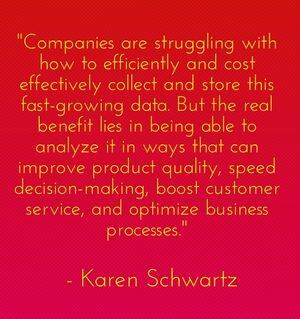 "Companies are struggling with how to efficiently and cost effectively collect and store this fast-growing data. But the real benefit lies in being able to analyze it in ways that can improve product quality, speed decision-making, boost customer service, and optimize business processes. " - Karen Schwartz